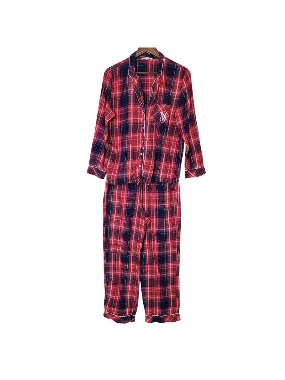 Victorias Secret Plaid Pajama Set Womens Size M Red & Navy VS Logo Pocket
